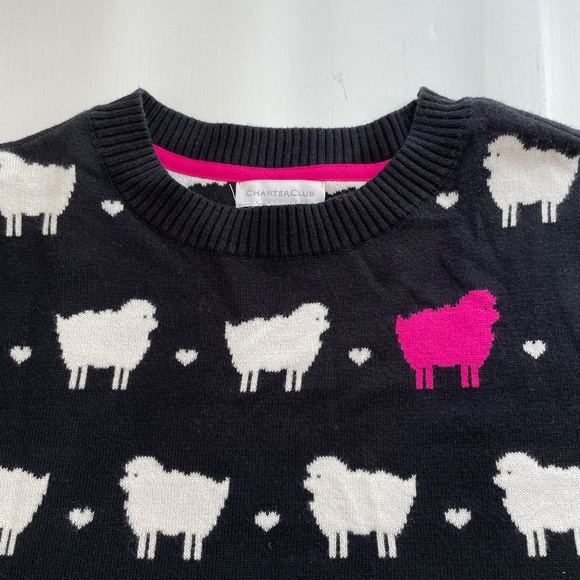 Charter Club Sheep Sweater PXL Black Pink Princess Diana Alternative Novelty - Picture 6 of 10